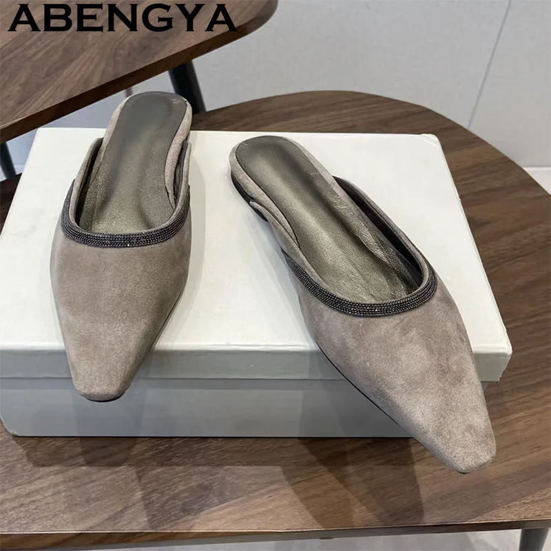 Kids Shoes Women - Chinelos Planos de Couro Suede de