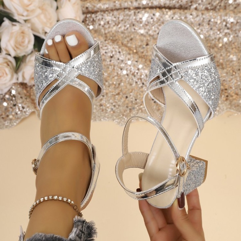Metallic Heel Sandal - Sandálias Femininas de Salto Bloco Douradas